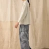 Gingham linnen-katoenen broek met opgestikte zakken