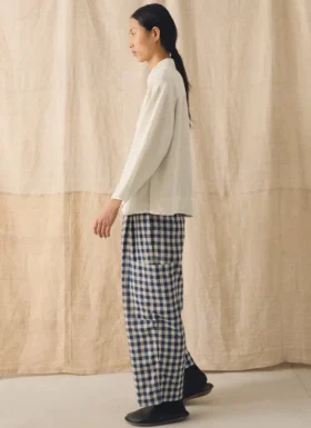 Gingham linnen-katoenen broek met opgestikte zakken