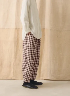 Gingham linnen-katoenen broek met opgestikte zakken