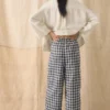 Gingham linnen-katoenen broek met opgestikte zakken