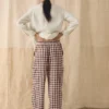 Gingham linnen-katoenen broek met opgestikte zakken