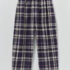 Linnen-katoen-broek met geruite print en wijd uitlopende pijpen | Blauw/Soya