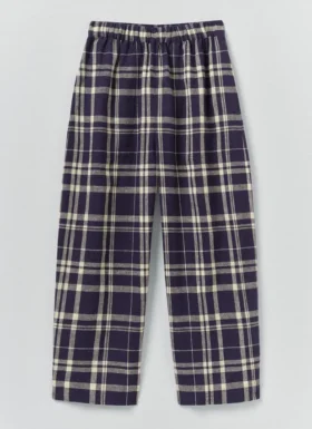 Linnen-katoen-broek met geruite print en wijd uitlopende pijpen | Blauw/Soya