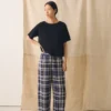 Linnen-katoen-broek met geruite print en wijd uitlopende pijpen | Blauw/Soya