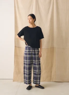 Linnen-katoen-broek met geruite print en wijd uitlopende pijpen | Blauw/Soya