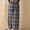 Linnen-katoen-broek met geruite print en wijd uitlopende pijpen | Blauw/Soya