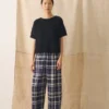 Linnen-katoen-broek met geruite print en wijd uitlopende pijpen | Blauw/Soya