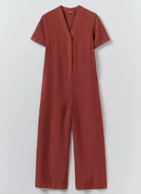 V-hals, in de massa geverfde linnen Jumpsuit